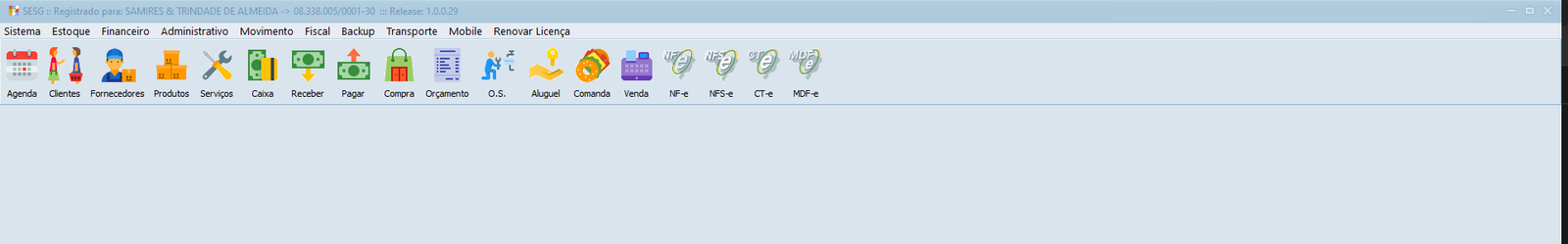 Tela do sistema SESGV2 mostrando o menu principal com acesso a Clientes, Fornecedores, Caixa, Receber, Pagar, Compra, NF-e, NFS-e, CT-e e MDF-e